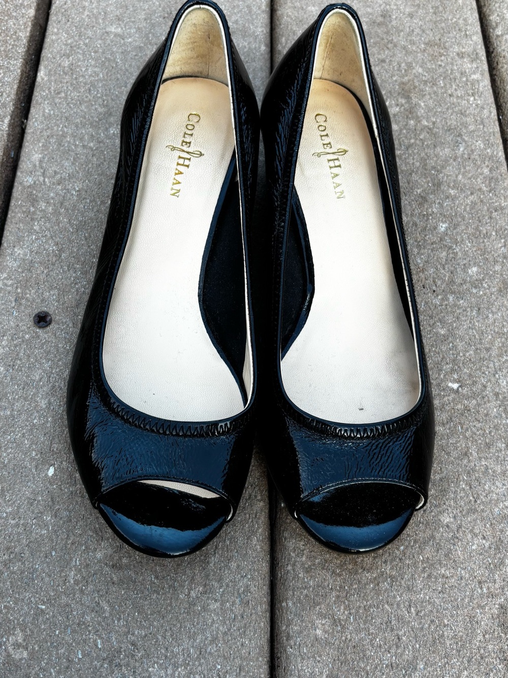 Cole Haan Black Patent Peep-Toe Flats with Nine Air technology